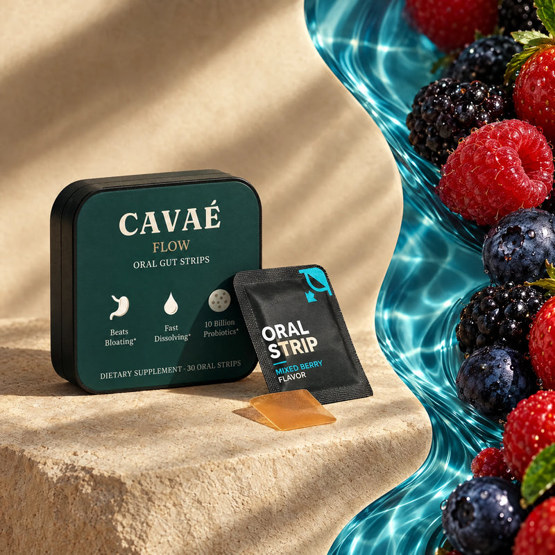 CAVAÉ FLOW tin, mixed berry sachet and amber oral strip beside cyan water ripples and berries.