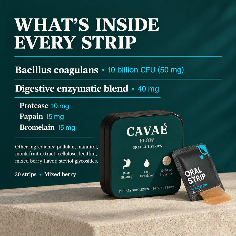 CAVAÉ FLOW supplement facts: Bacillus coagulans 10 billion CFU and a 40 mg digestive enzyme blend.