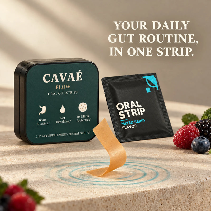 Macro product photograph of a CAVAÉ FLOW oral strip with the tin and mixed berry sachet.