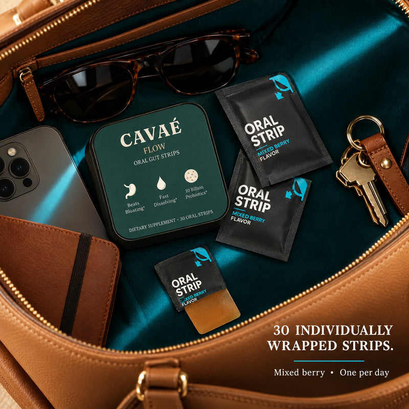CAVAÉ FLOW tin and mixed berry sachets packed in a clear travel pouch beside berries.
