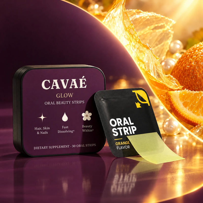 CAVAÉ GLOW tin, orange sachet and oral strip framed by a curved gold and citrus halo.