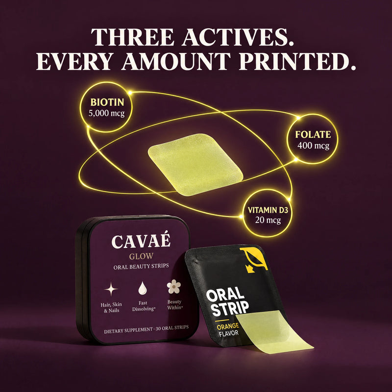 CAVAÉ GLOW formula card featuring biotin, folate and vitamin D3.