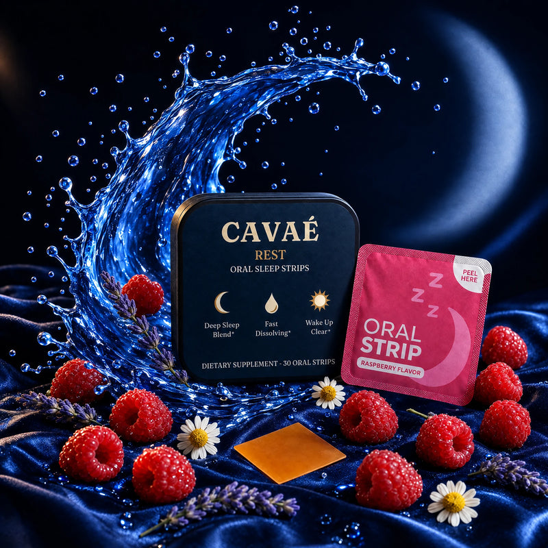CAVAÉ REST tin, raspberry sachet and oral strip surrounded by clear cobalt-blue water and soft night light.