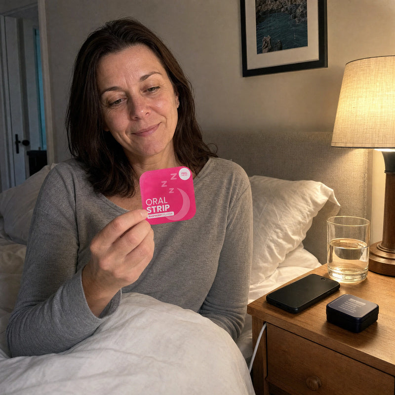 Woman in her bedroom at night holding a CAVAÉ REST raspberry sachet, lamp on, tin on the nightstand