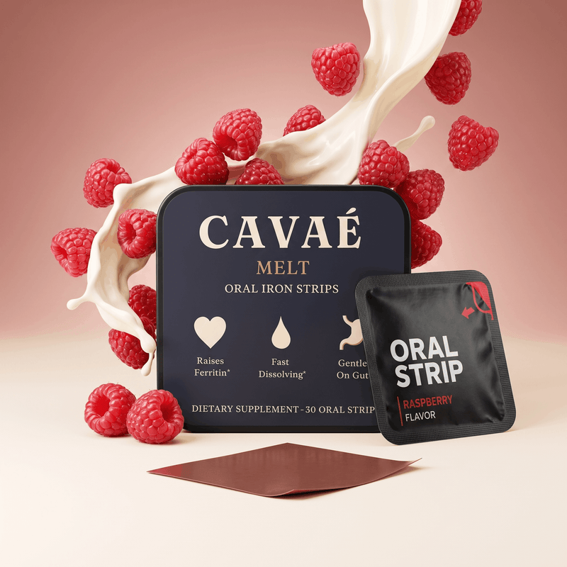 CAVAÉ Melt tin with raspberry sachet and dissolvable iron strip, fresh raspberries and cream
