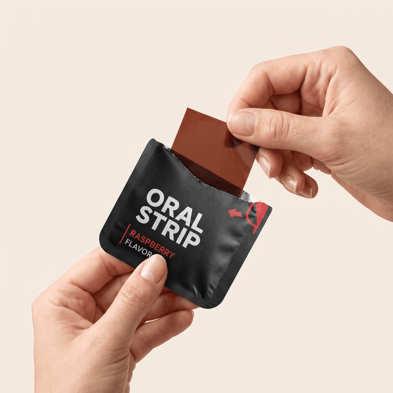 Hands pulling a CAVAÉ Melt iron strip from its raspberry flavor sachet