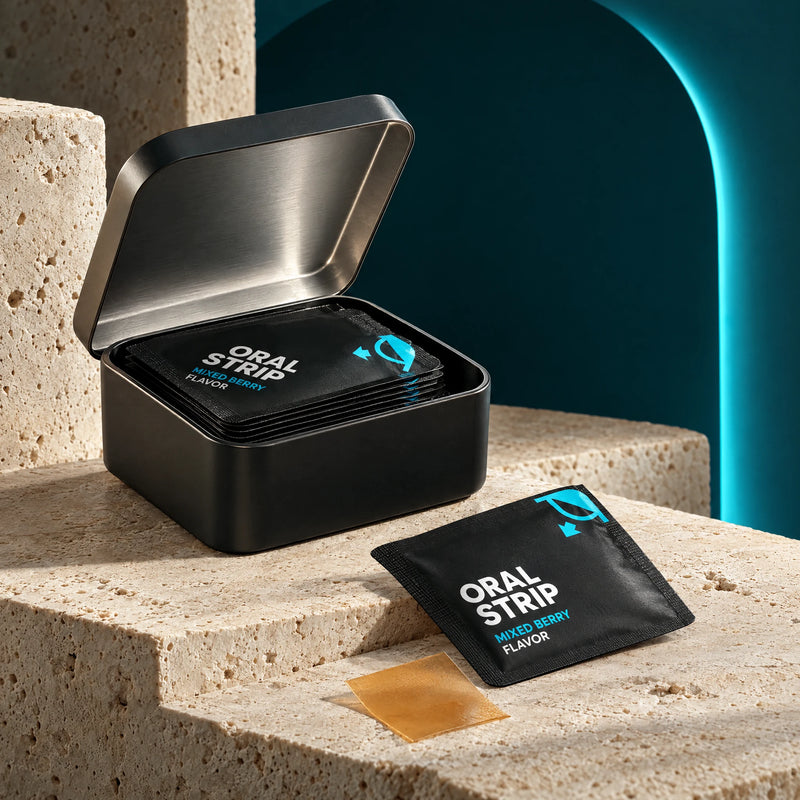 Open CAVAÉ FLOW tin with mixed berry sachets, an amber oral strip and fresh berries.