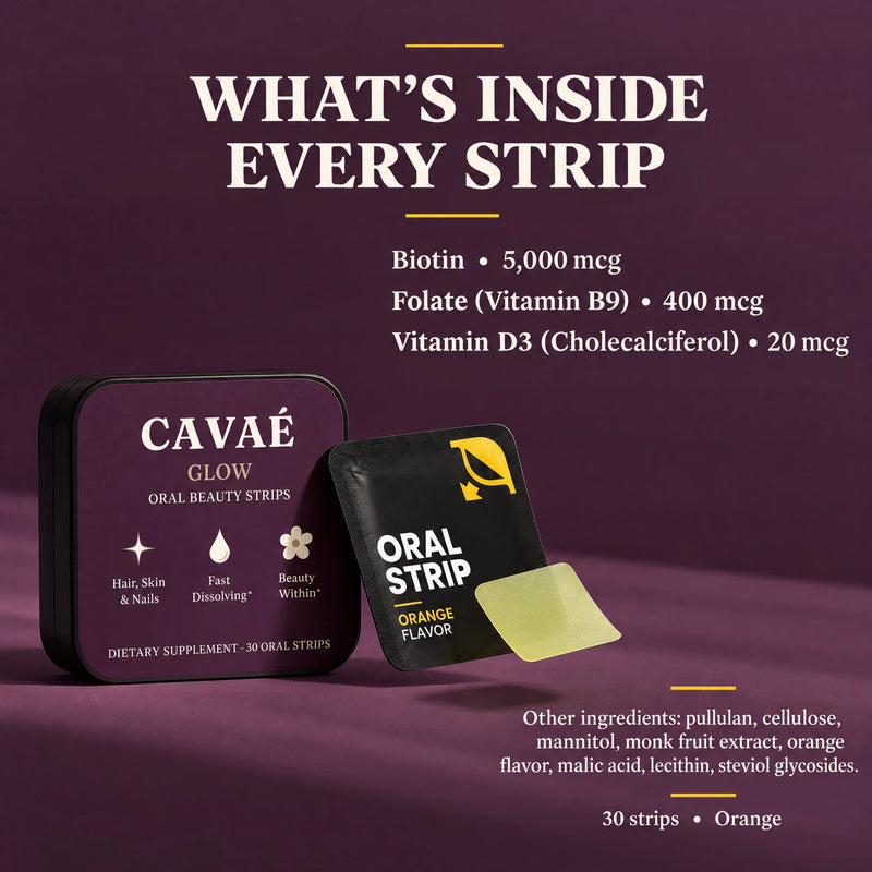 CAVAÉ GLOW supplement facts: biotin 5000 mcg, folate 400 mcg and vitamin D3 20 mcg.