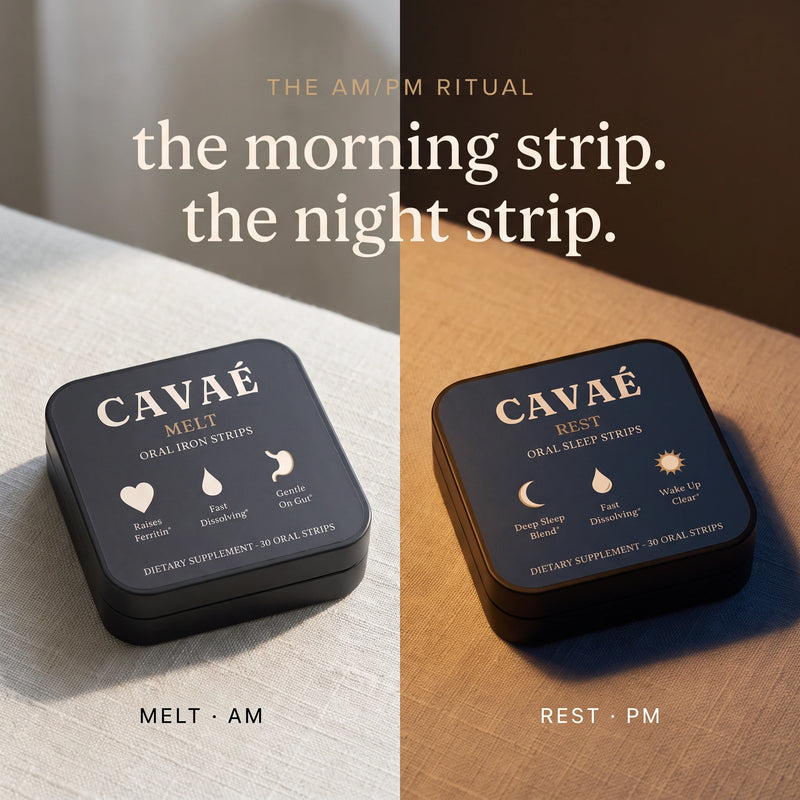 CAVAÉ Melt and CAVAÉ REST tins side by side, the morning strip and the night strip