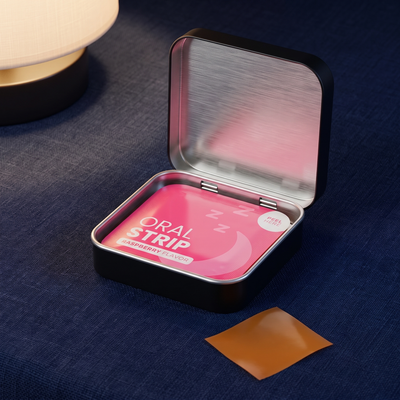 Open CAVAÉ REST tin with sealed raspberry sachet inside and dissolvable sleep strip beside it