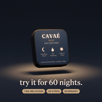 CAVAÉ REST tin with the 60 night money back promise, 1 mg melatonin, 30 strips, raspberry
