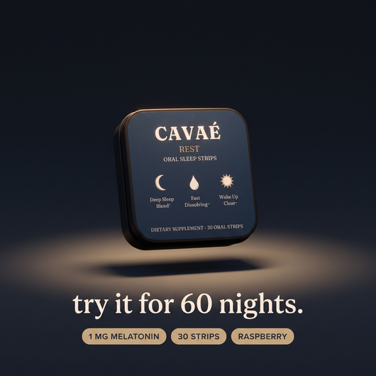 CAVAÉ REST tin with the 60 night money back promise, 1 mg melatonin, 30 strips, raspberry