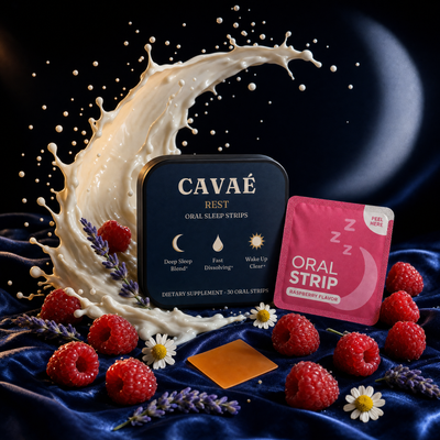 CAVAÉ REST tin with raspberry sachet and square dissolvable sleep strip, cream splash, raspberries, lavender and chamomile under a crescent moon