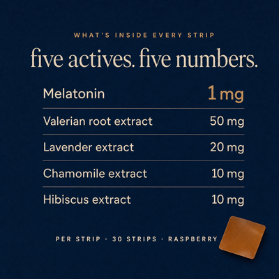 CAVAÉ REST supplement facts: melatonin 1 mg, valerian 50 mg, lavender 20 mg, chamomile 10 mg, hibiscus 10 mg per strip